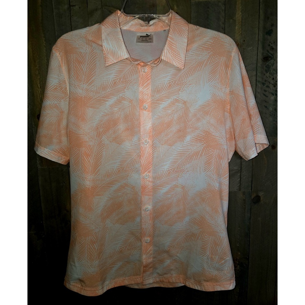 MENS SMALL PUMA GOLF PALMS Short Sleeve Button Down Shirt Orange Palm Leaf Print